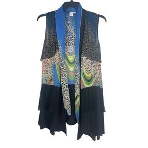 DikaLady Sheer Mesh Waterfall Vest 2X Leopard Abstract Print Artsy Boho Duster